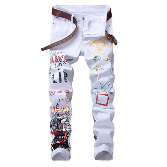 Men's relaxed-fit designer white denim jeans with artistic prints, featuring a comfortable style and machine washable quality.