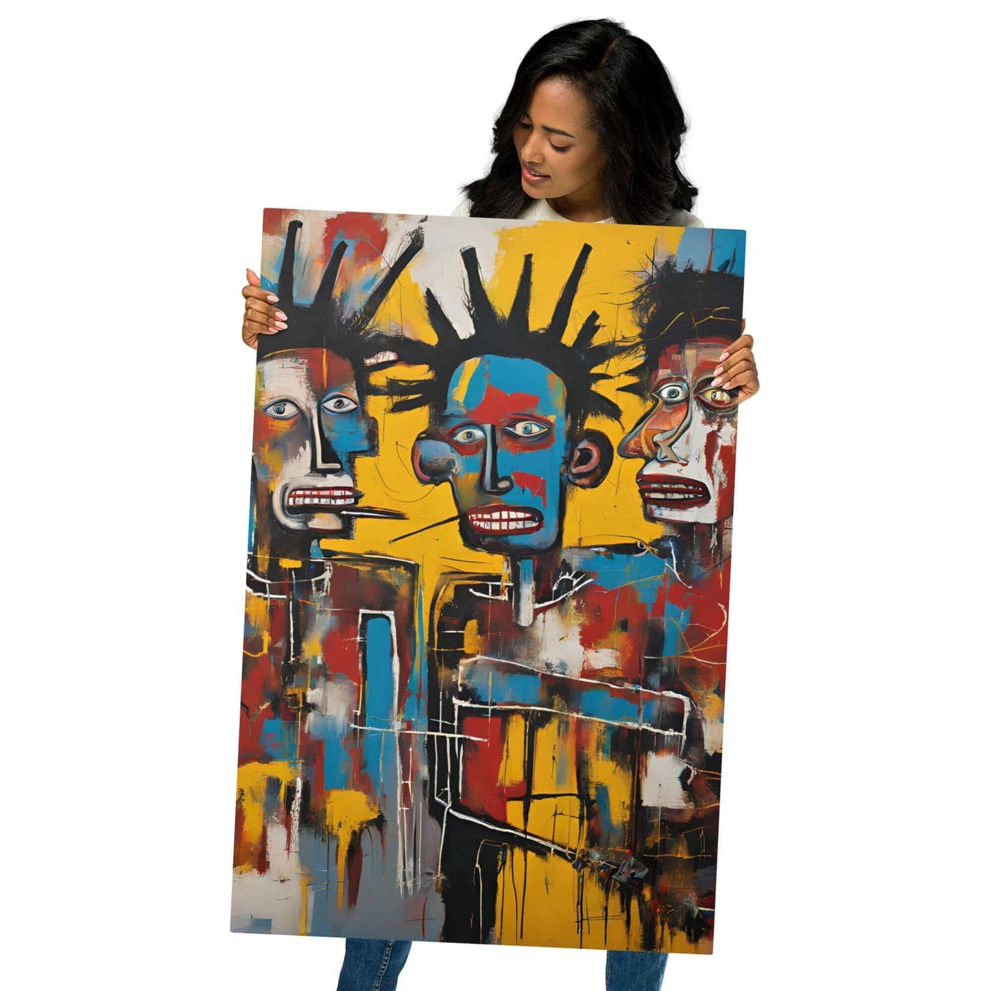 YB Goode 1 Spliff 3 Bros metal print featuring colorful abstract portraits held by a model.