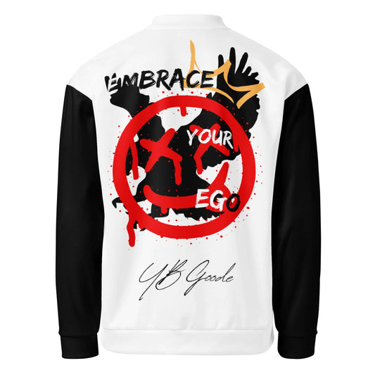 YB Goode E.Y.E. Bomber Jacket featuring vibrant 'Embrace Your Ego' graphic design on back.