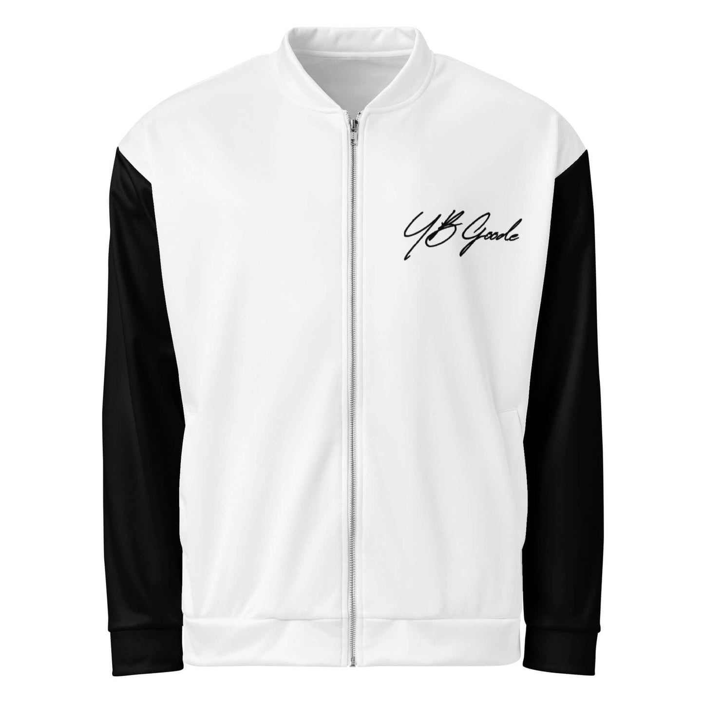 YB Goode E.Y.E. Bomber Jacket in white and black with stylish logo, perfect for casual wear.