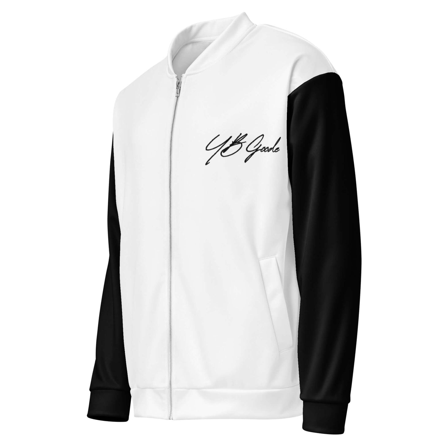 YB Goode E.Y.E. Bomber Jacket in white and black with stylish logo and comfortable fit