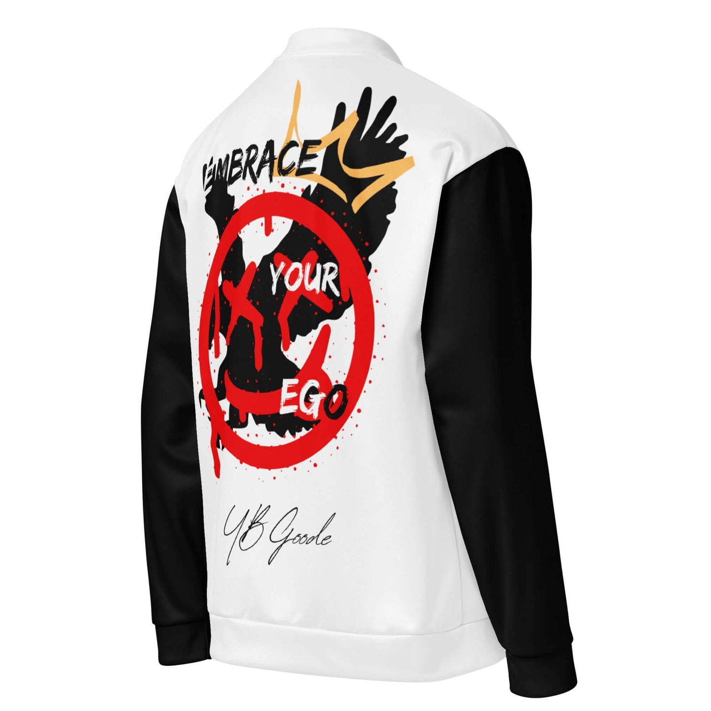 YB Goode E.Y.E. Bomber Jacket featuring bold graphic design and statement "Embrace Your Ego" on the back.