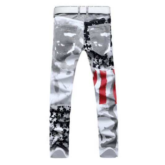 Men's relaxed-fit denim jeans featuring American flag design, premium quality, and machine washable for comfort.