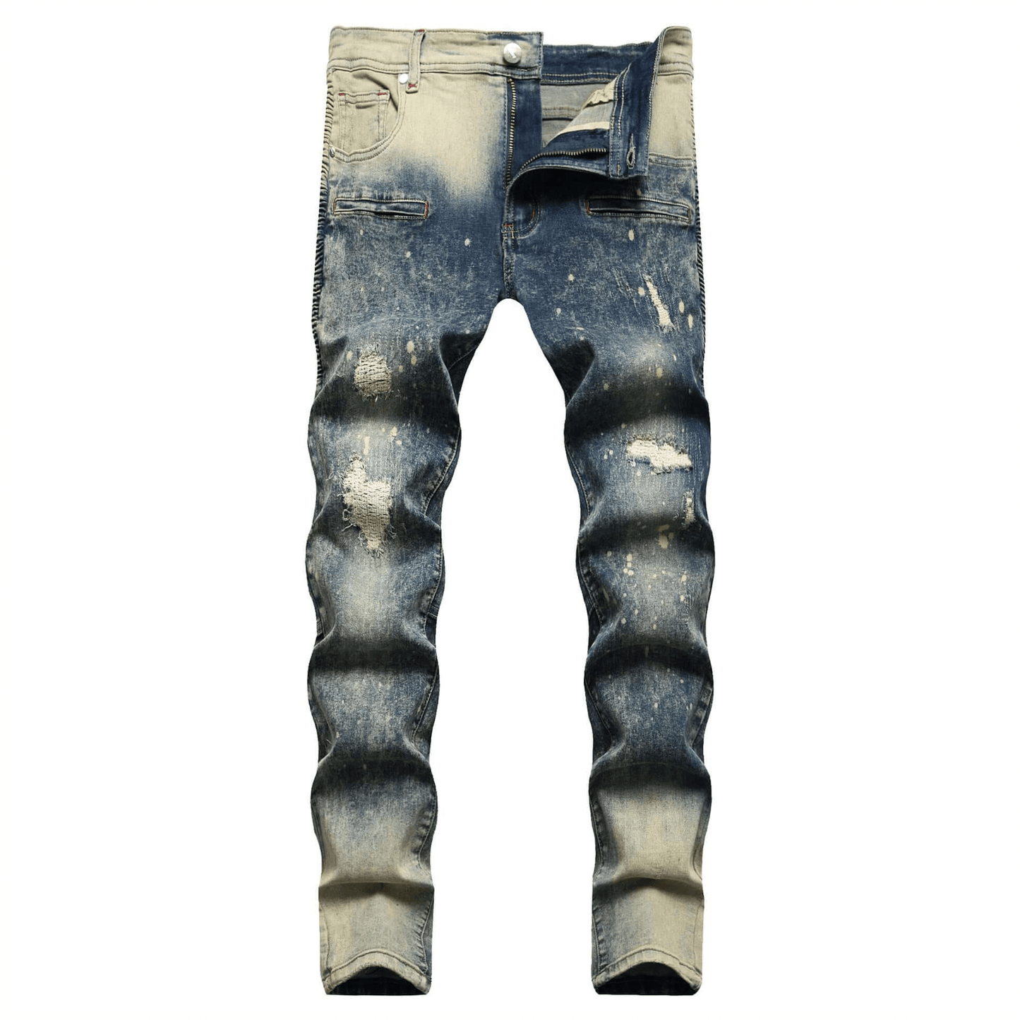 Men's relaxed-fit acid wash denim jeans with distressed details, premium quality, and machine washable.