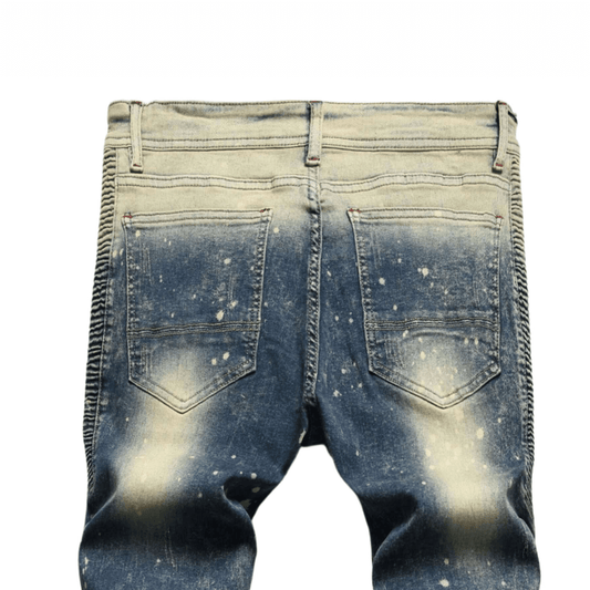Men's relaxed-fit acid wash denim jeans showcasing unique back pocket design and premium quality fabric.