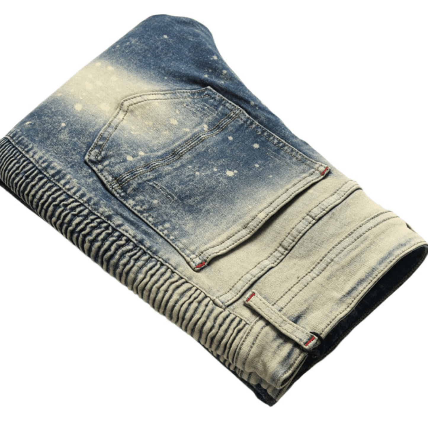 Men's relaxed-fit acid wash denim jeans with premium quality, machine washable fabric, showing detailed stitching and pocket design.