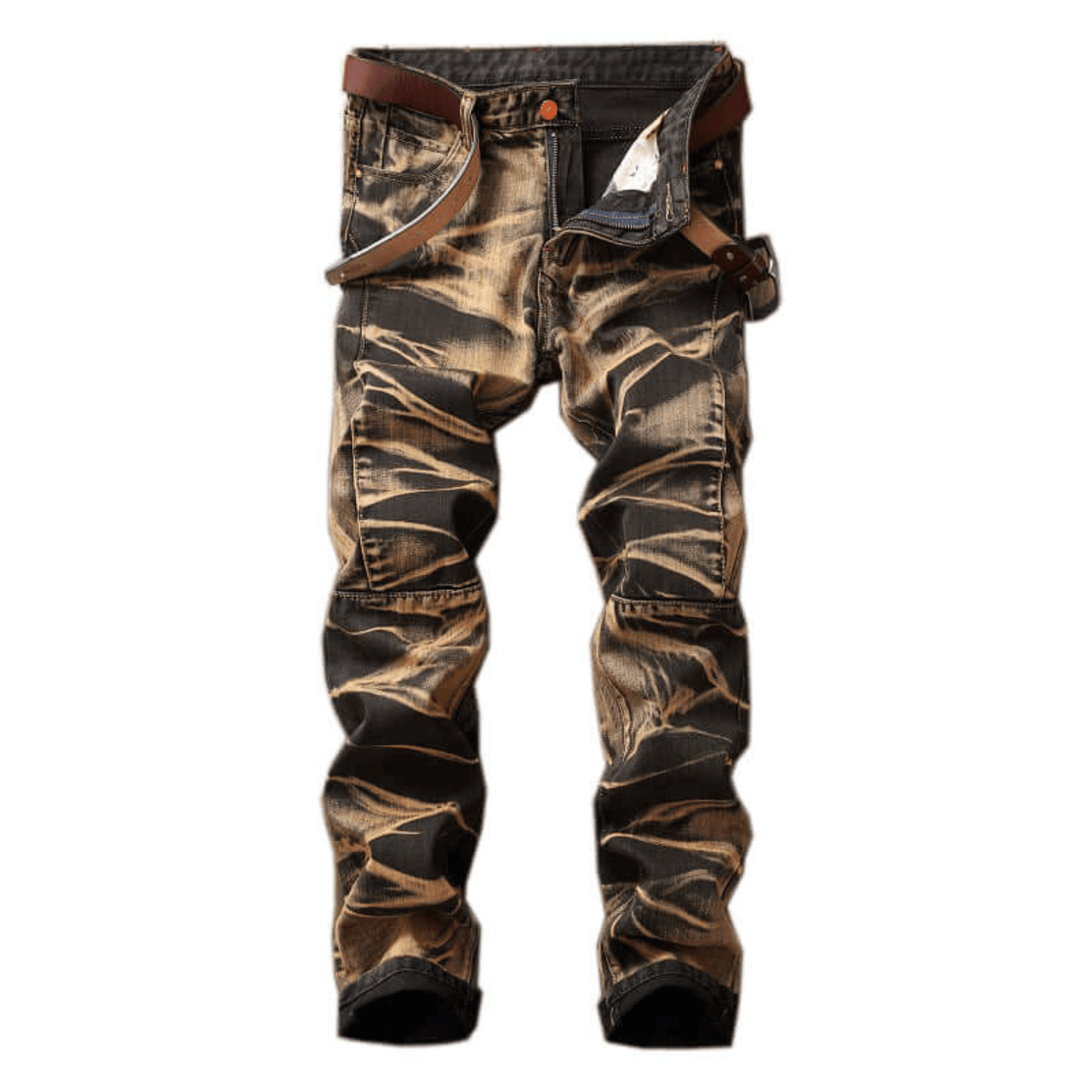 Men's relaxed-fit acid wash denim jeans in unique design, featuring a premium quality fabric and comfortable style.