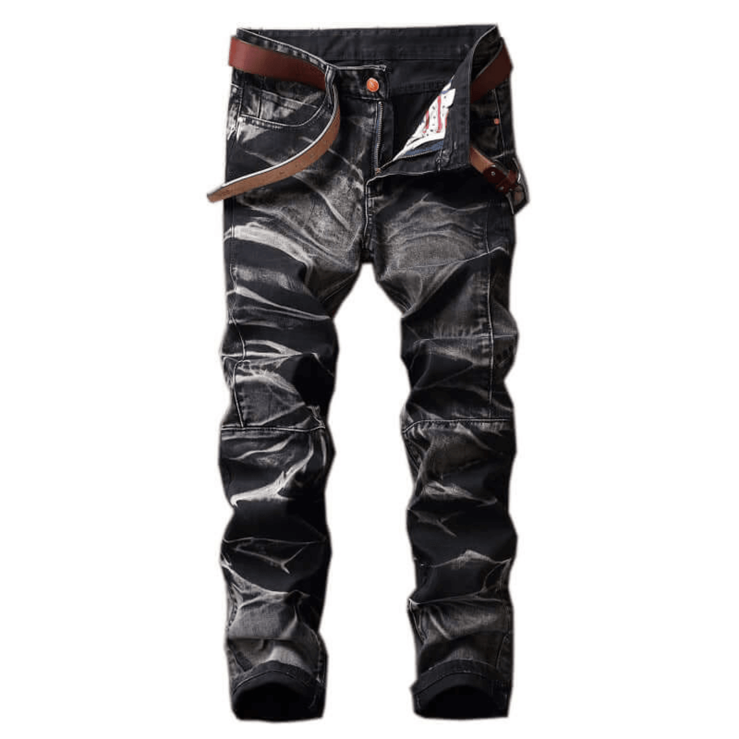 Men's relaxed-fit acid wash denim jeans in black, featuring premium quality fabric and a stylish belt.