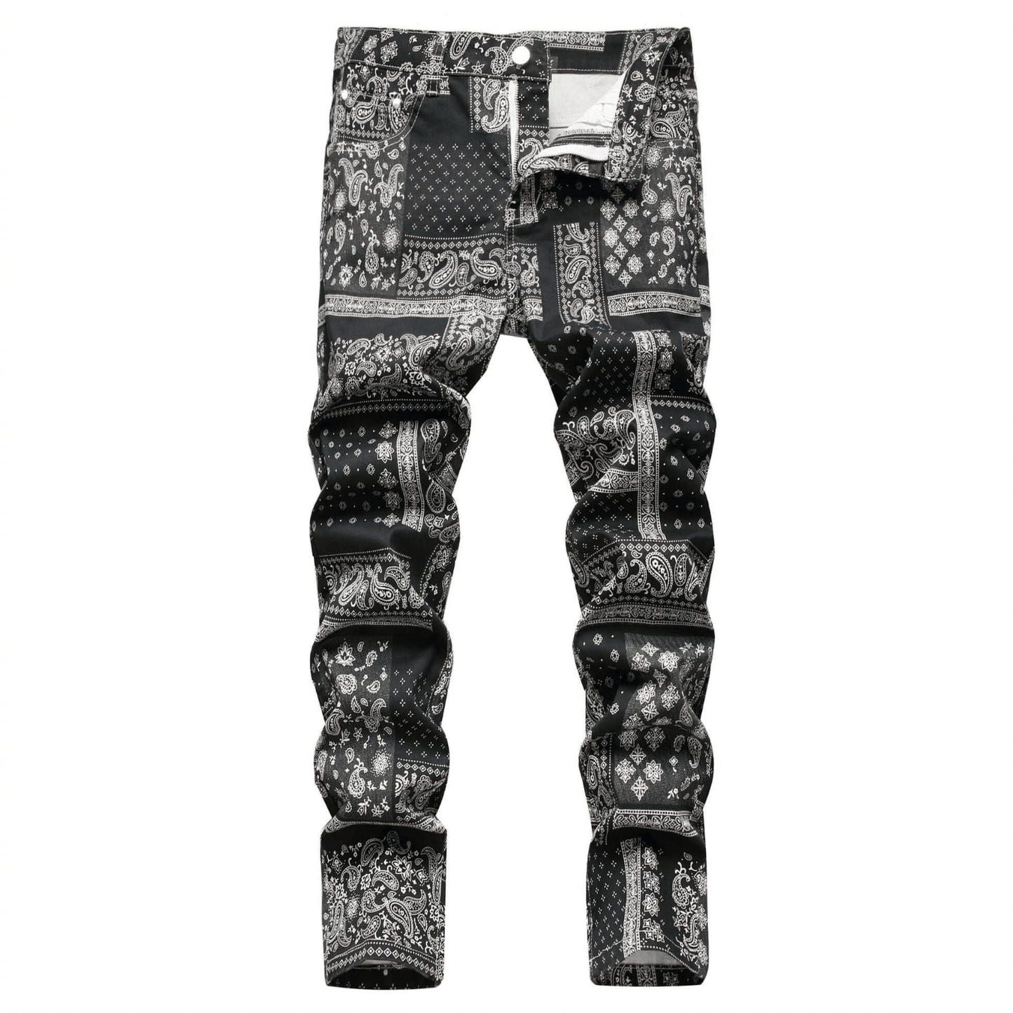 Men's relaxed-fit paisley print jeans in black, offering premium quality denim and comfort for retro urban style.
