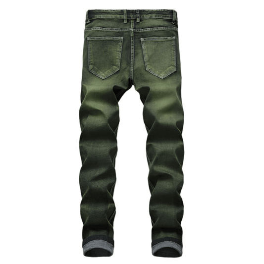 Men's slim-fit green faded designer denim jeans, premium quality, relaxed fit, machine washable.