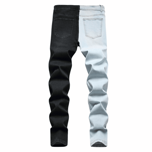 Men's slim-fit stretch denim jeans in black and light blue, showcasing premium quality and relaxed fit for comfort.