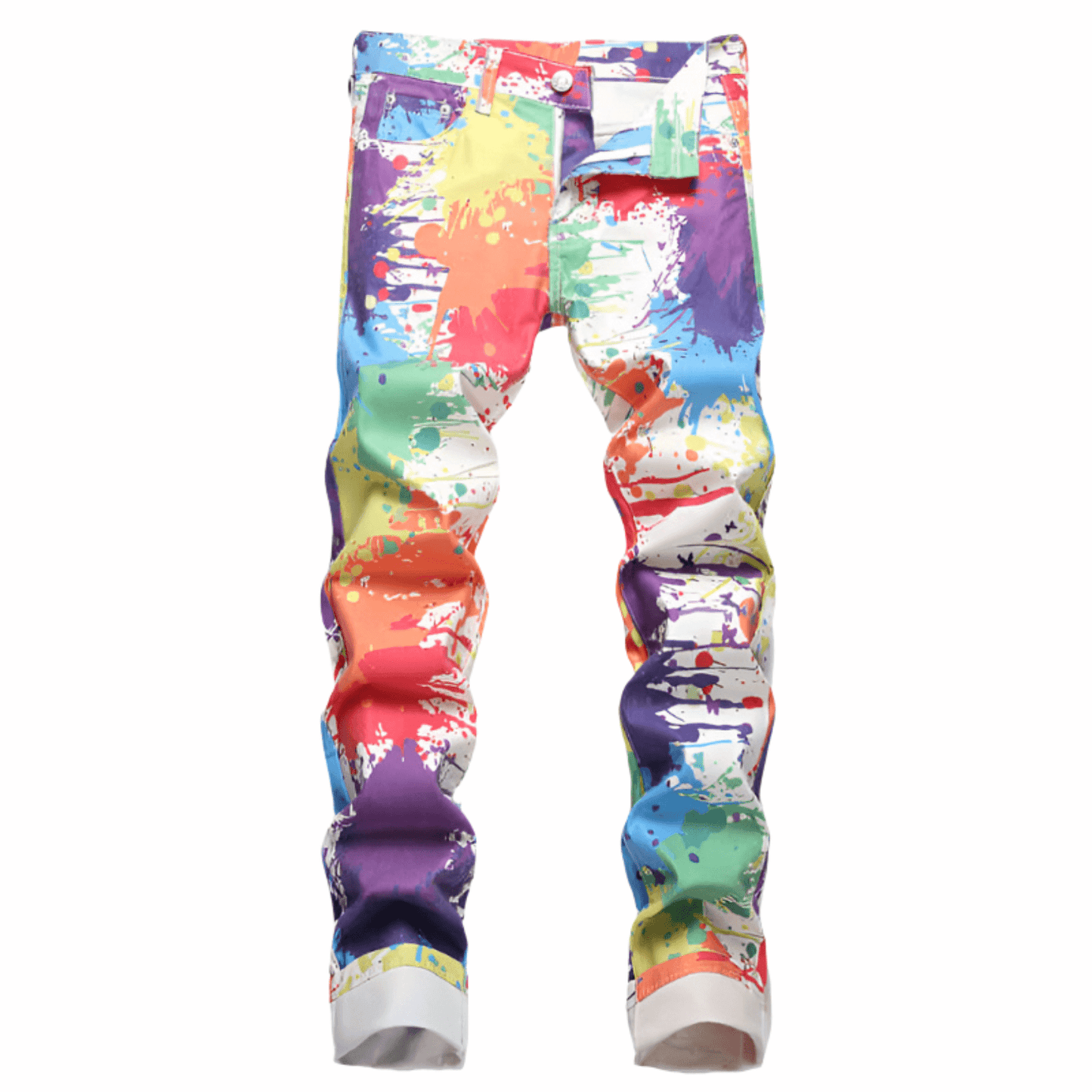 Men’s slim-fit paint splatter jeans in multi-color, premium denim, machine washable, perfect for a relaxed, stylish look.