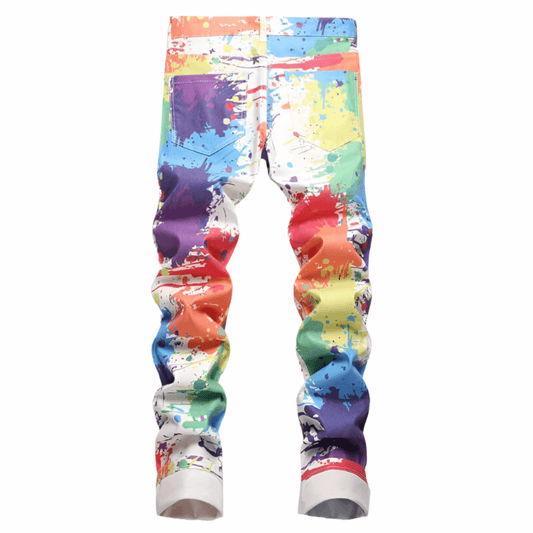 Men's slim-fit paint splatter jeans in vibrant multi-color design, made from premium quality denim for comfort.
