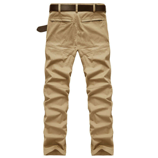 Men's slim-fit cargo pants in beige, crafted from premium cotton for a comfortable relaxed fit. Ideal streetwear essential.