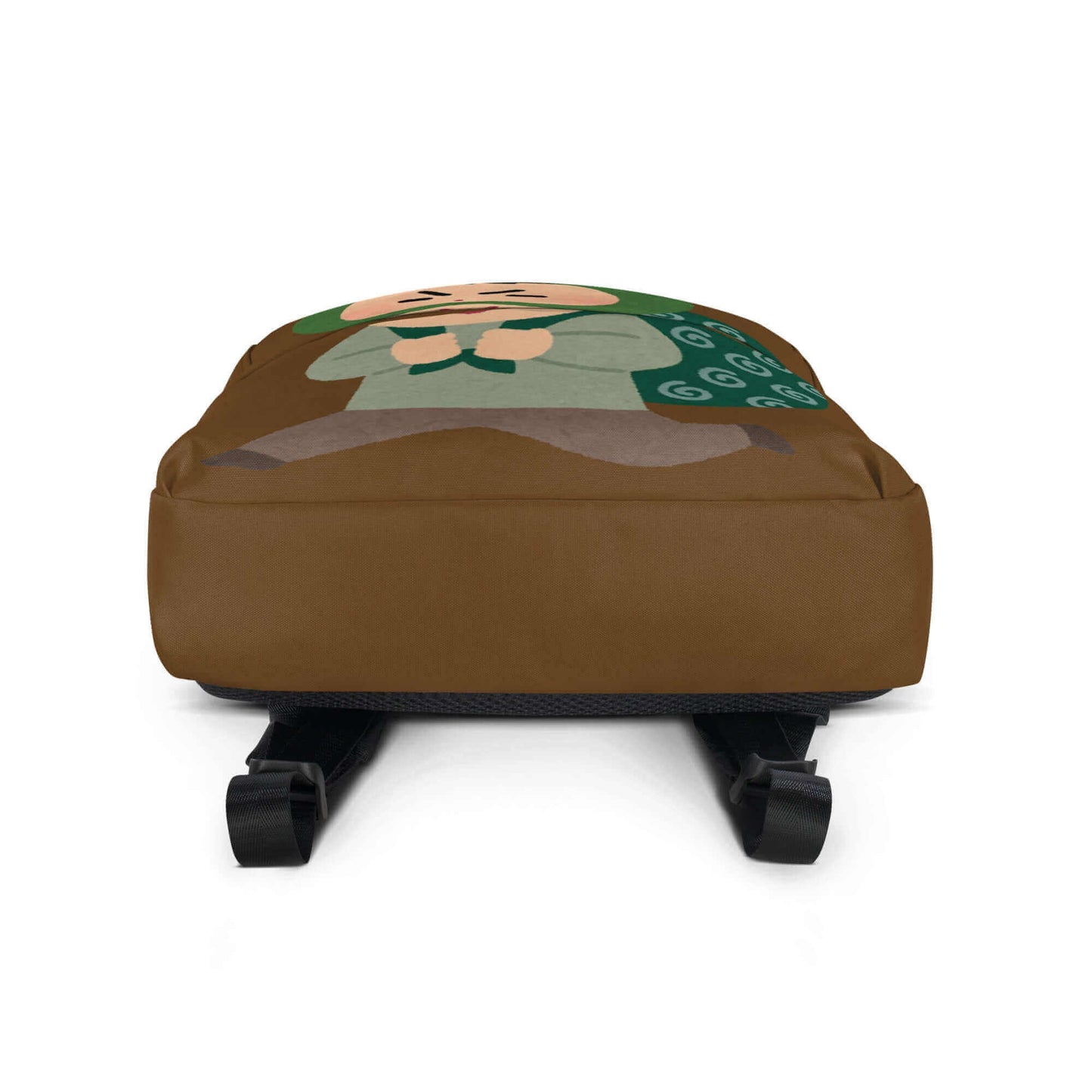 Front view of a cute cartoon character pillow with green and brown colors, designed for comfort and style.