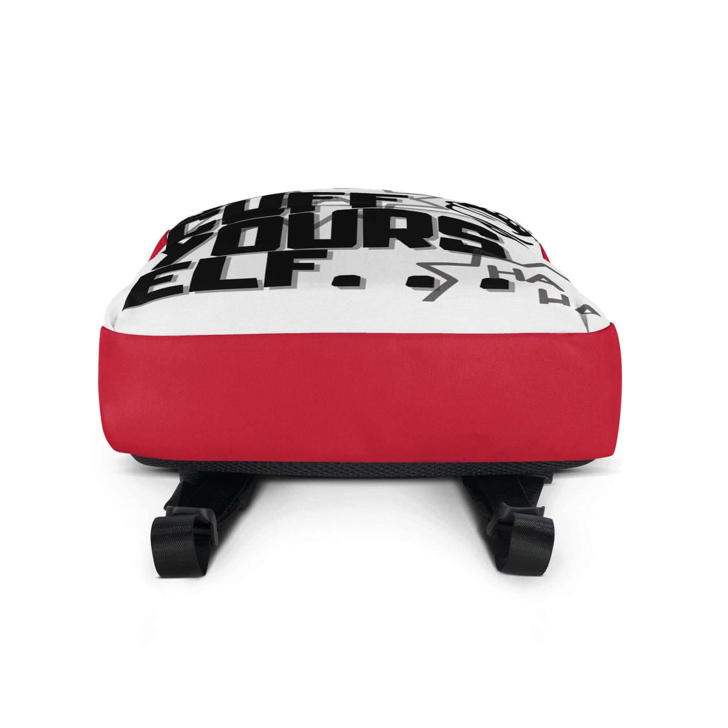 Close-up of a red and white graphic cushion with bold text, designed for comfort and style.