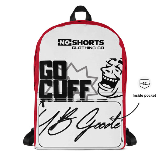 NO SHORTS G.C.Y. backpack featuring humorous design, front pocket, and inner compartment for a laptop.
