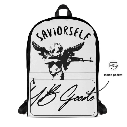YB Goode SS11 Backpack featuring a unique design with an angel carrying a gun and an inside pocket.