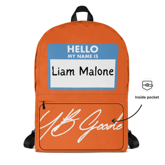 Orange YB Goode backpack with name tag and inside pocket, perfect for daily use and sports activities.