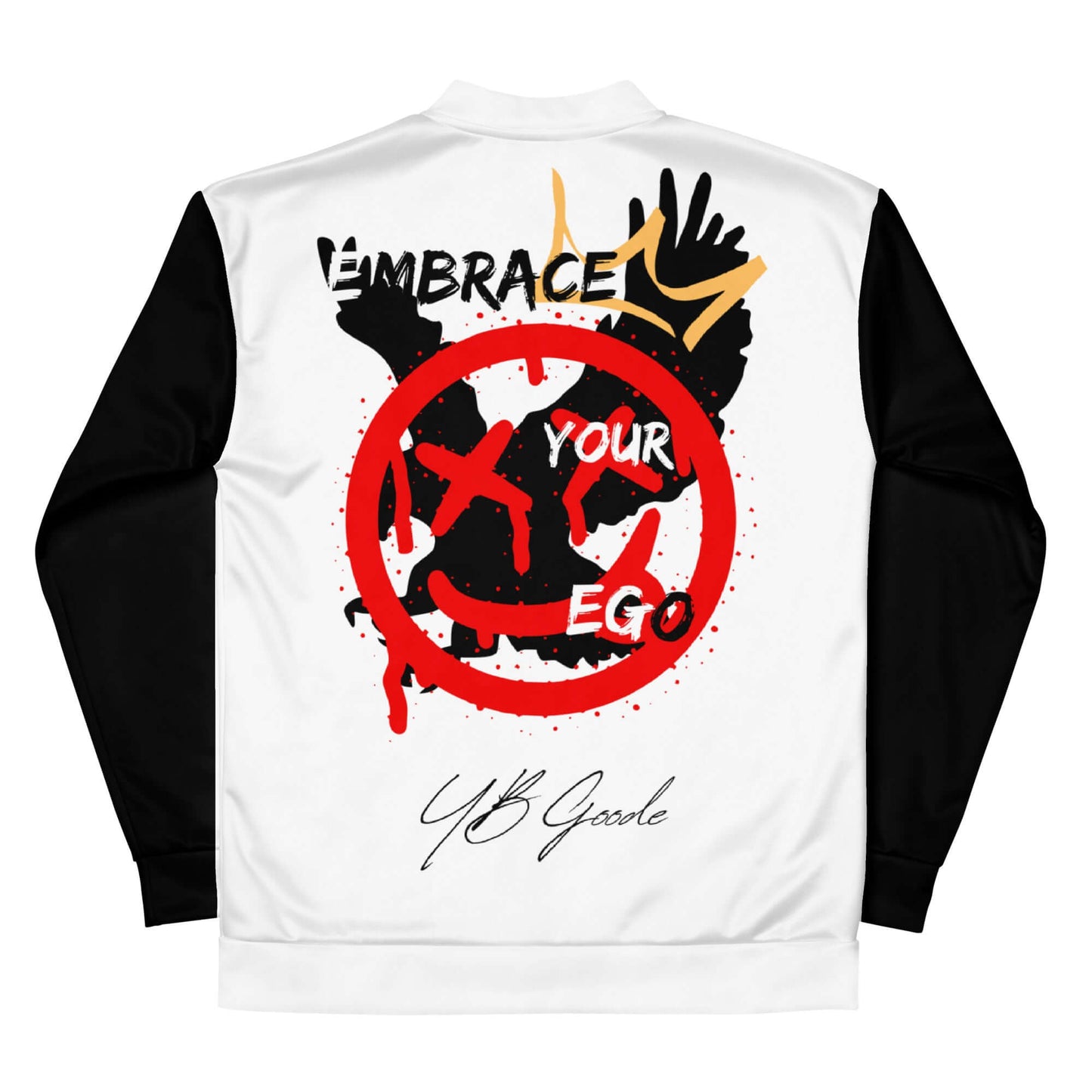 YB Goode E.Y.E. Bomber Jacket featuring 'Embrace Your Ego' graphic design on the back, stylish streetwear for bold expression.