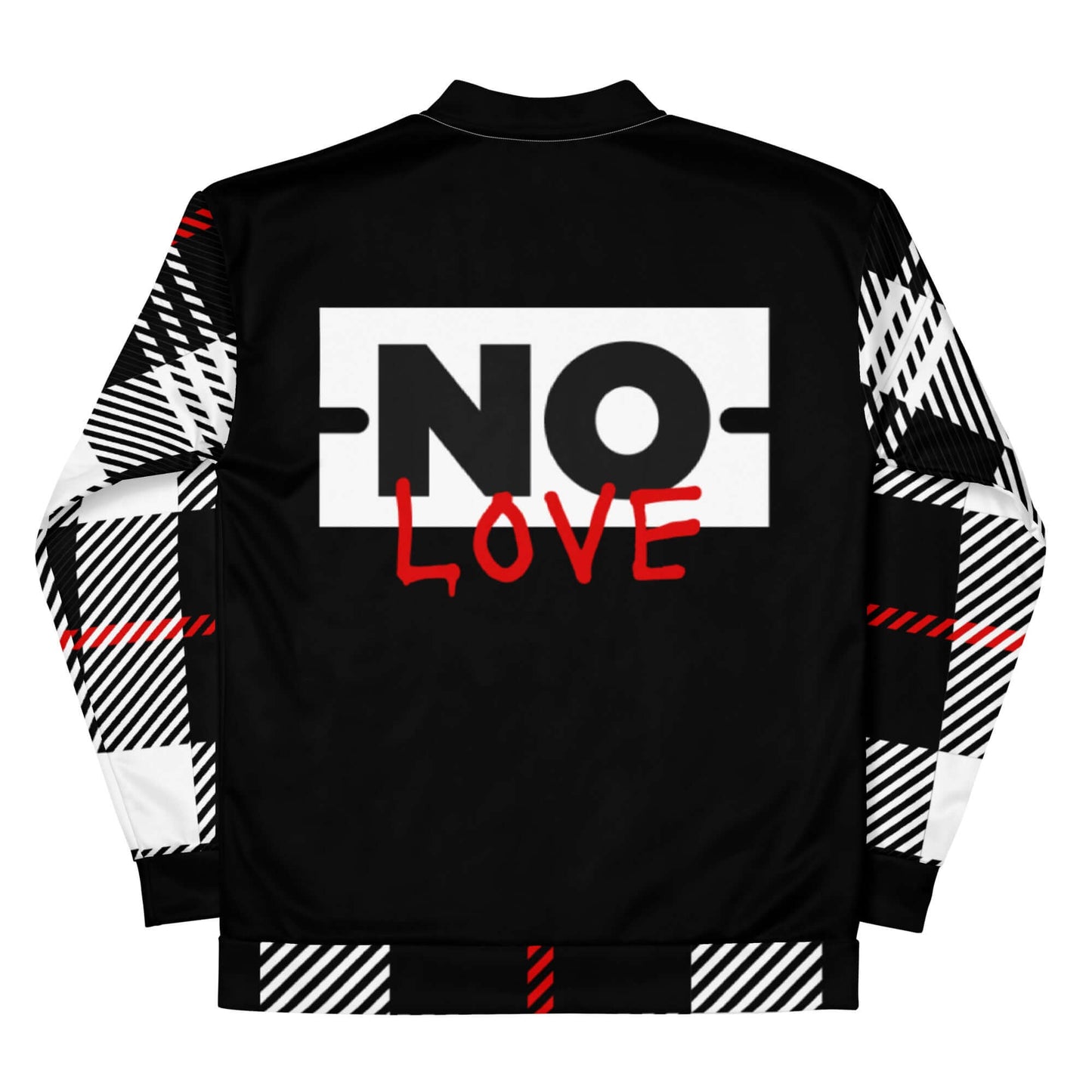 YB Goode NL2 Bomber Jacket with black and plaid design, featuring 'NO LOVE' print on the back, unisex fit.