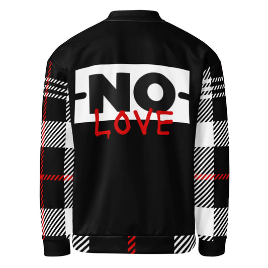 YB Goode NL2 Bomber Jacket with black and white plaid design, featuring 'NO LOVE' graphic on the back.