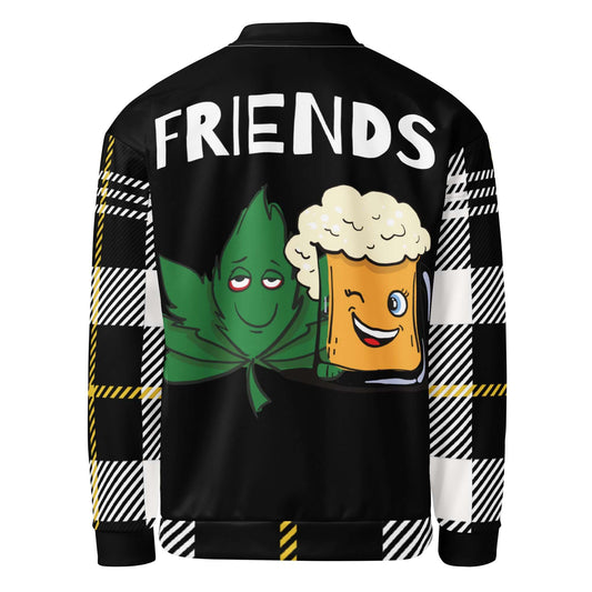 YB Goode FRIENDS Bomber Jacket with playful graphics of beer and a leaf on a plaid background, unisex fit, and stylish design.