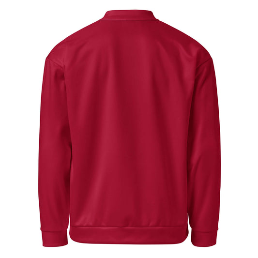 Back view of YB Goode Signature Bomber Jacket in red, featuring brushed fleece interior and comfortable unisex fit.