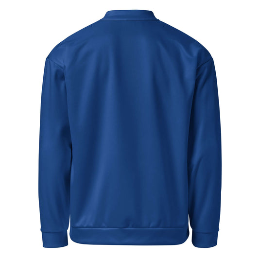 Back view of YB Goode Signature Bomber Jacket in blue, featuring sturdy neck tape and brushed fleece interior.