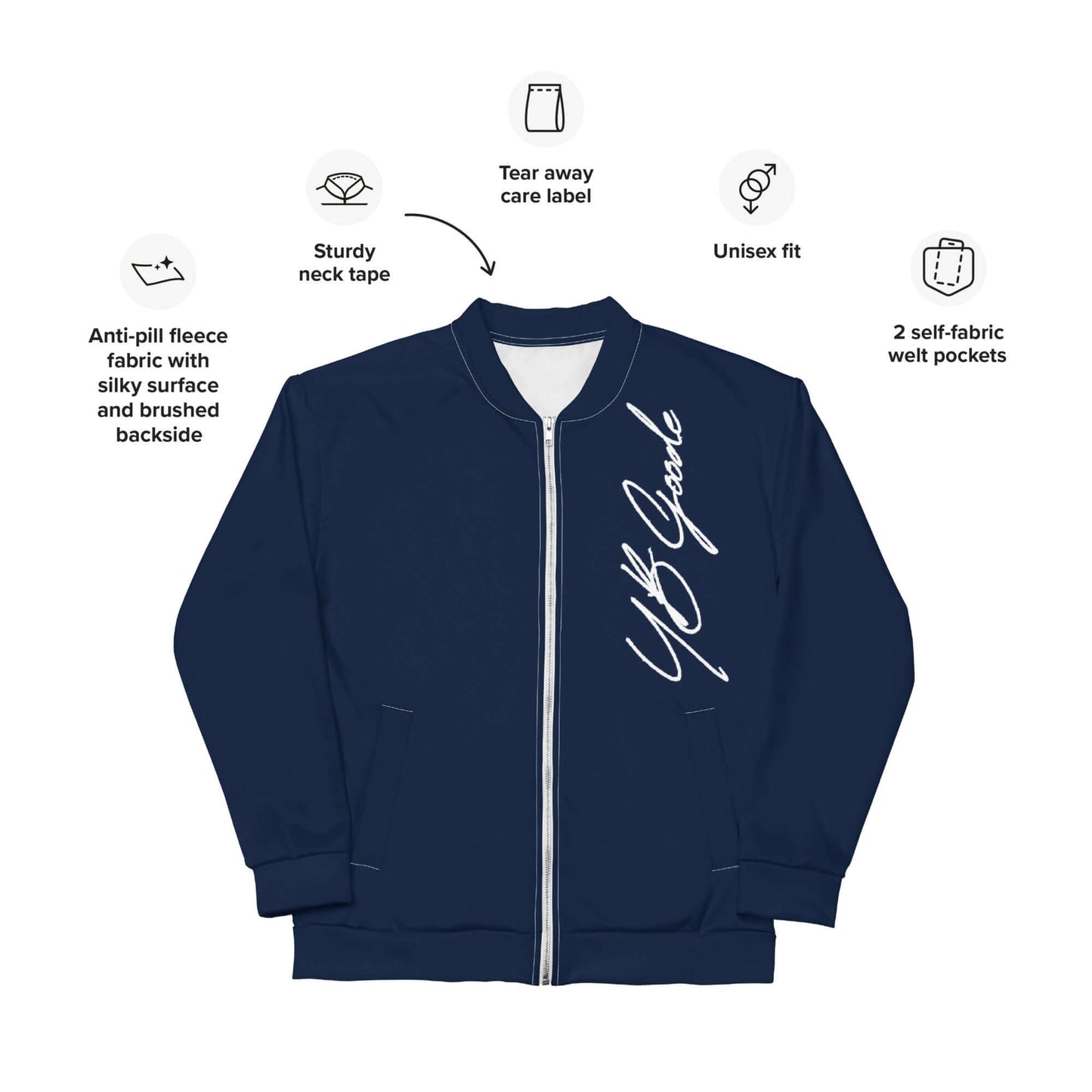 YB Goode TFW Bomber Jacket in navy, featuring anti-pill fleece, unisex fit, sturdy neck tape, and two self-fabric pockets.