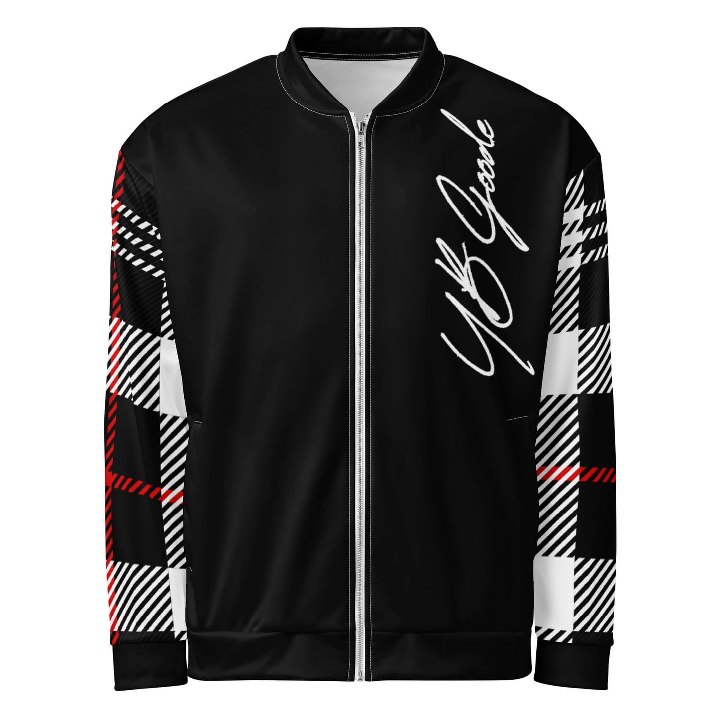 YB Goode NL2 Bomber Jacket with plaid sleeves and signature logo, made of 100% polyester, unisex fit, and silver zipper.