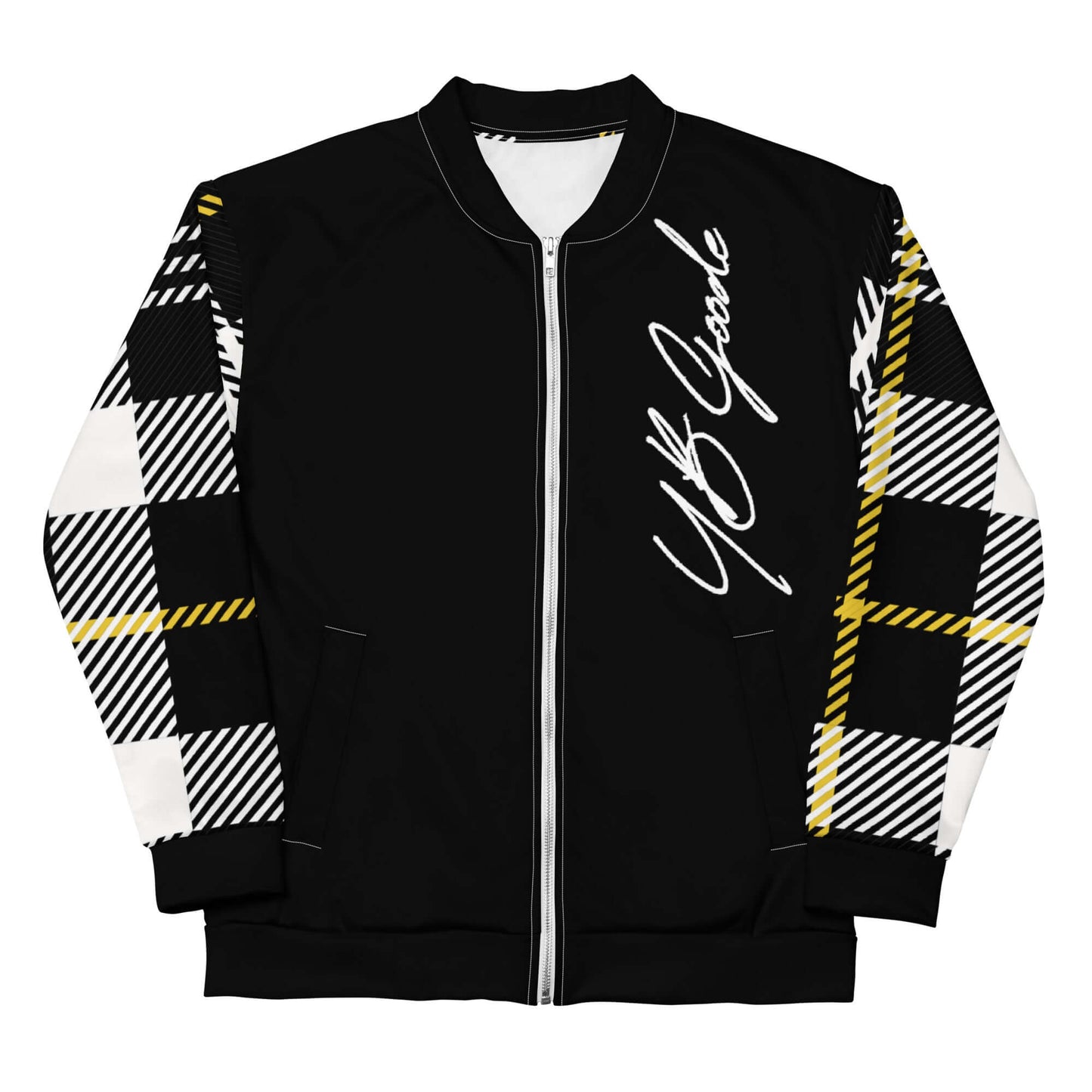 YB Goode FRIENDS Bomber Jacket in black with plaid sleeves, features brushed fleece, YKK zipper, and unisex fit.