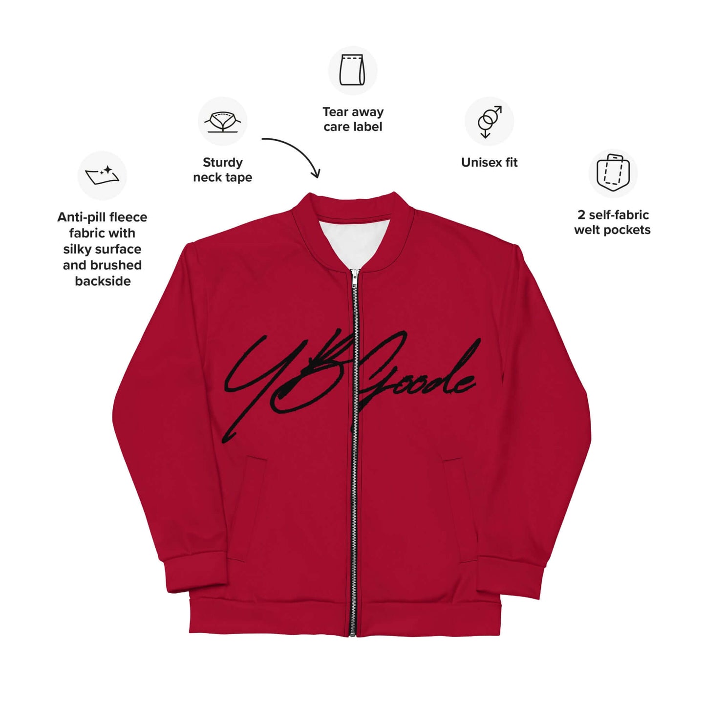 YB Goode Signature Bomber Jacket in red, featuring brushed fleece, unisex fit, YKK zipper, and two self-fabric pockets.