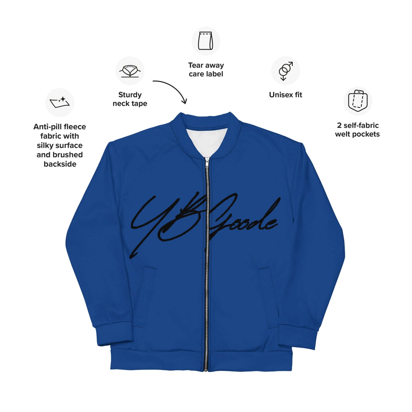 YB Goode Signature Bomber Jacket in blue with brushed fleece, unisex fit, silver YKK zipper, and two pockets.