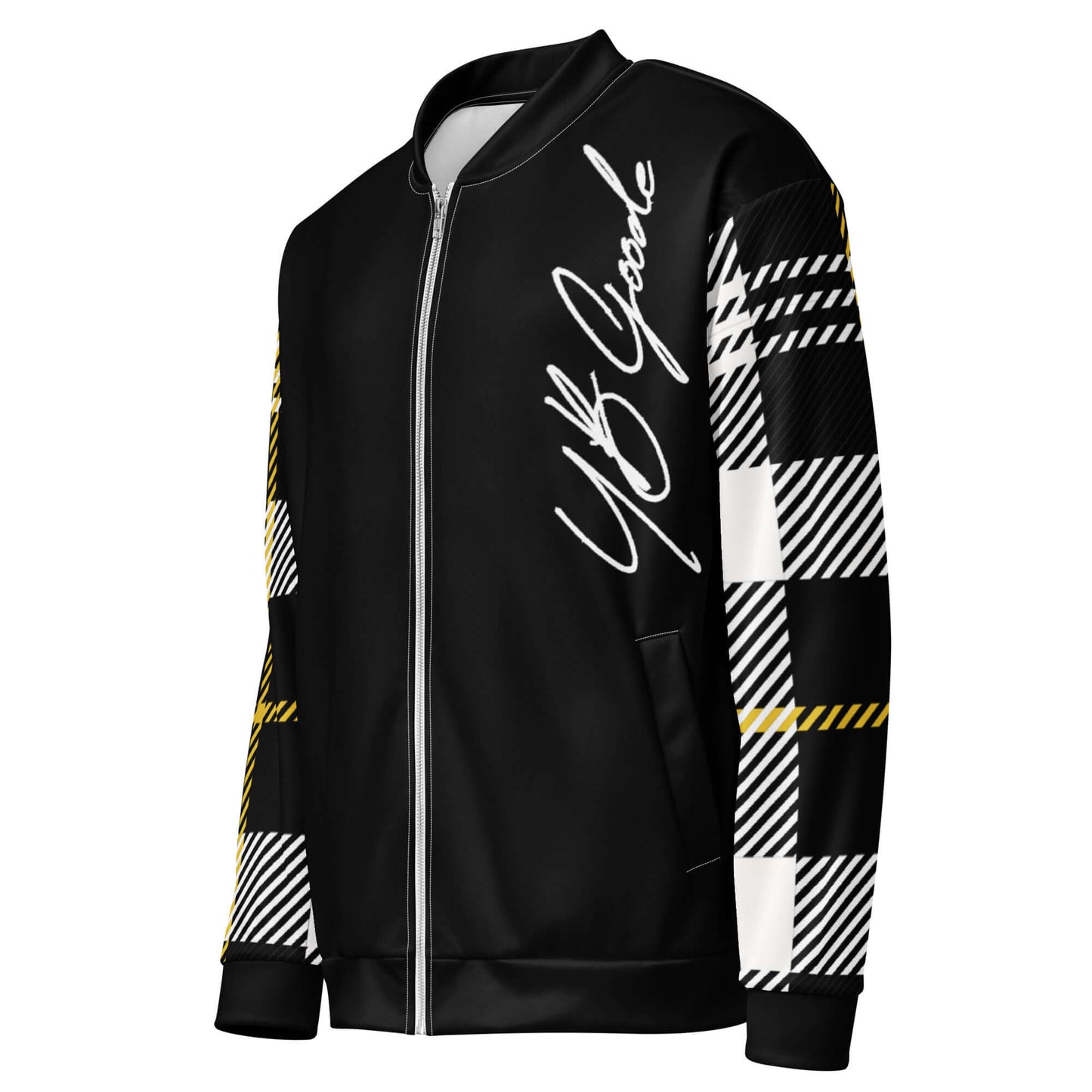 YB Goode FRIENDS Bomber Jacket featuring bold plaid design, brushed fleece lining, unisex fit, and silver YKK zipper.
