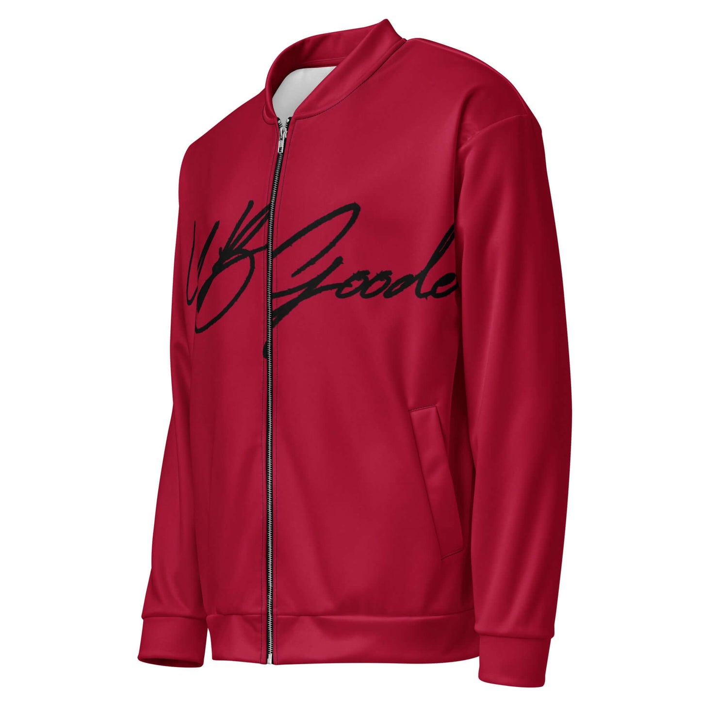 YB Goode Signature Bomber Jacket in red, featuring brushed fleece lining, silver YKK zipper, and two self-fabric pockets.