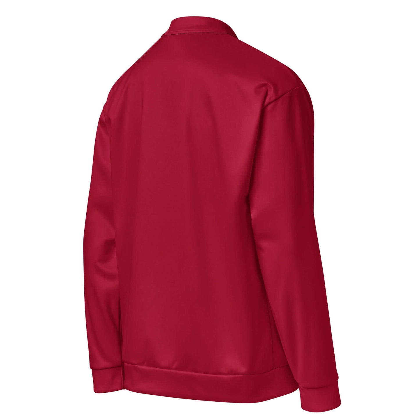 Back view of YB Goode Signature Bomber Jacket in red, featuring brushed fleece fabric and sturdy neck tape.