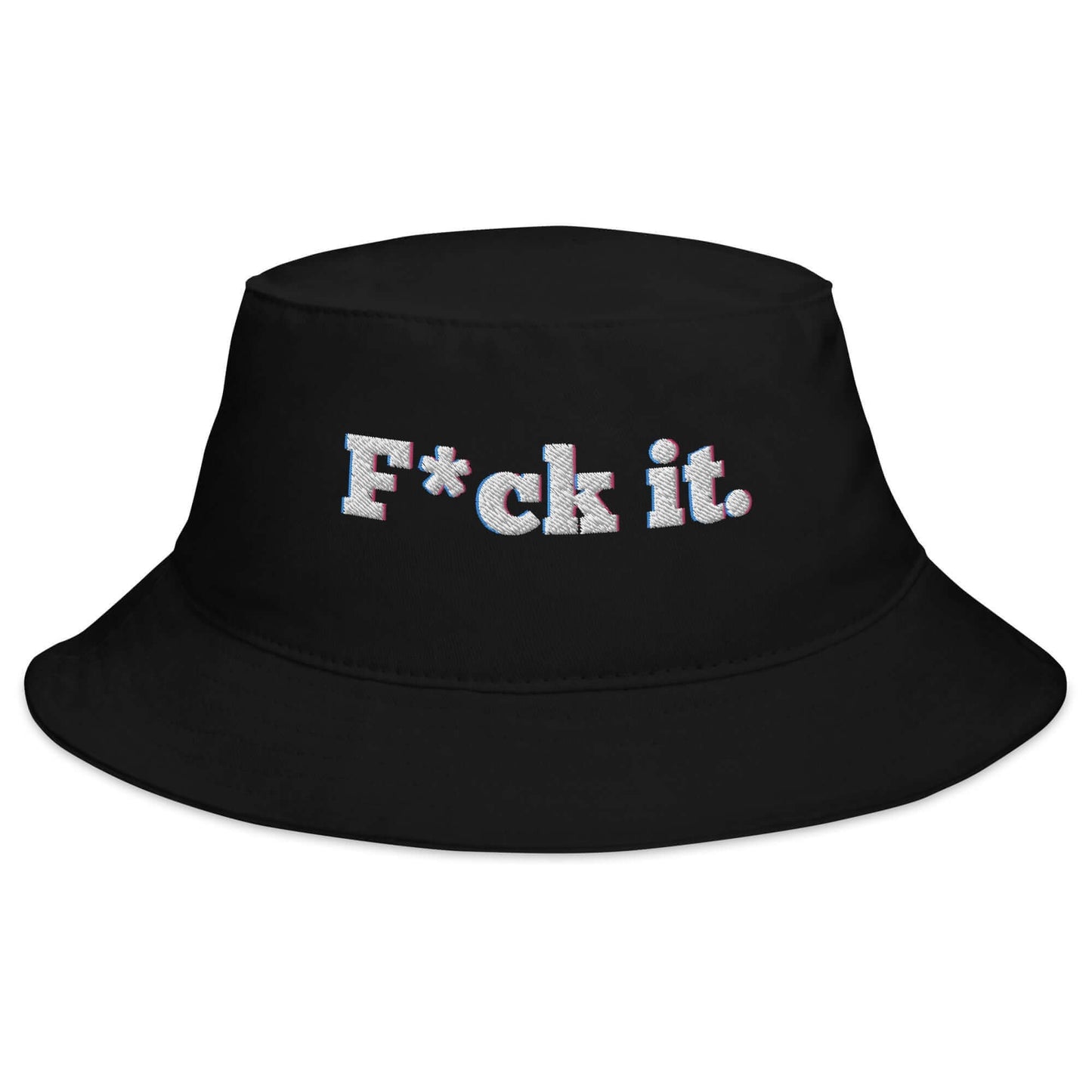 Stylish black bucket hat with sparkly text "F*ck it." perfect for casual wear and sun protection.