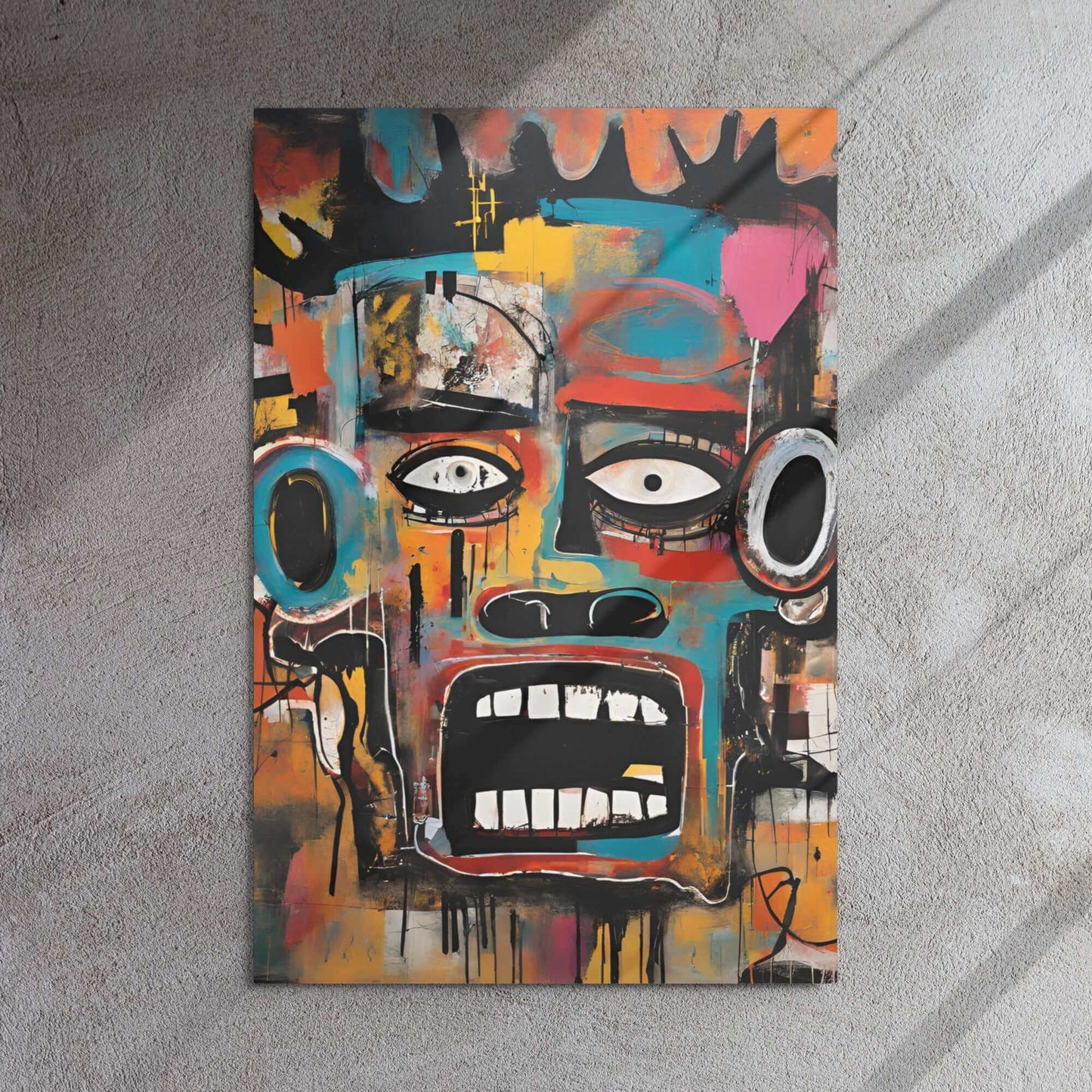 YB Goode Fuego metal print featuring a vibrant abstract face with bold colors and expressive features.