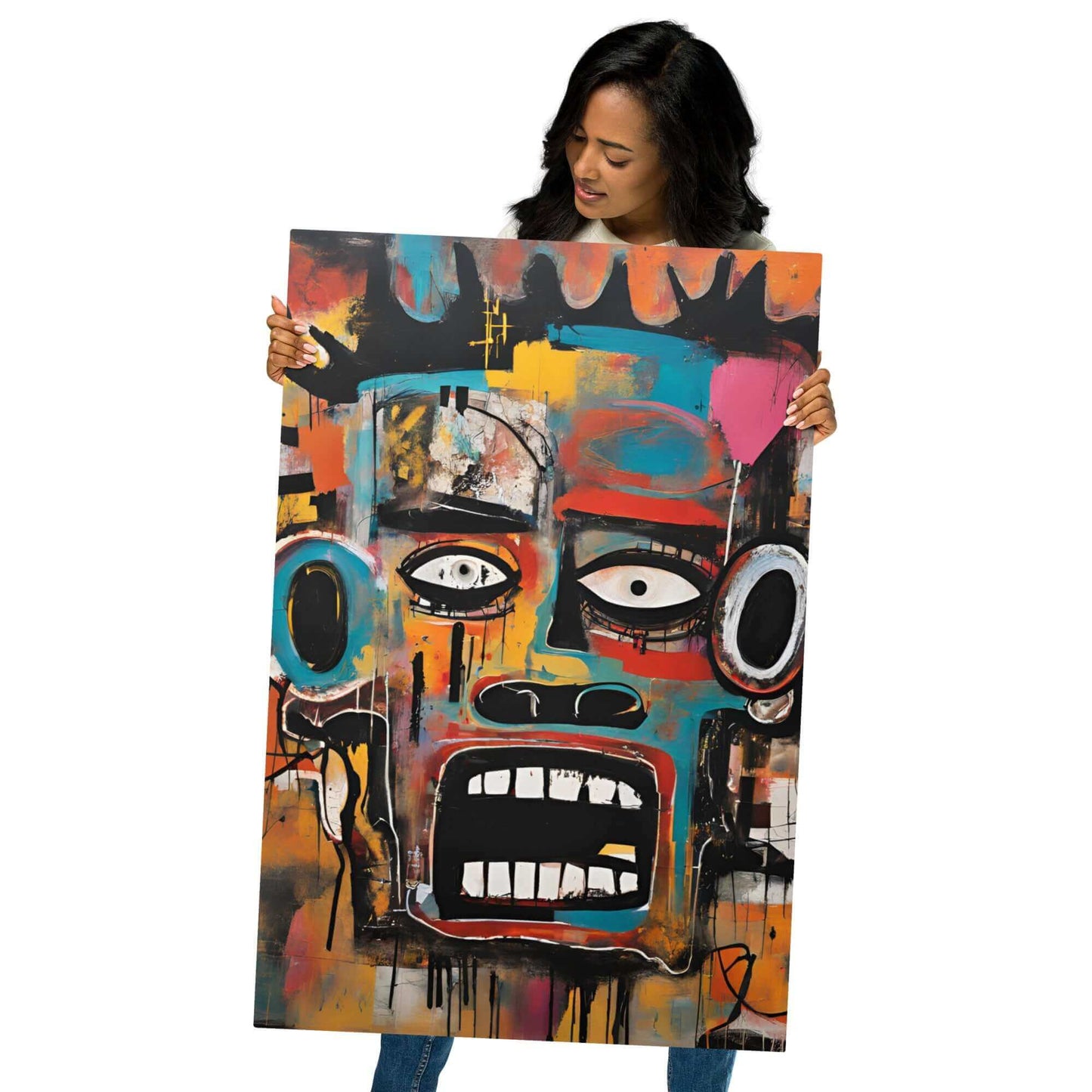 Woman holding YB Goode Fuego Nice Metal Print featuring abstract face design with vibrant colors