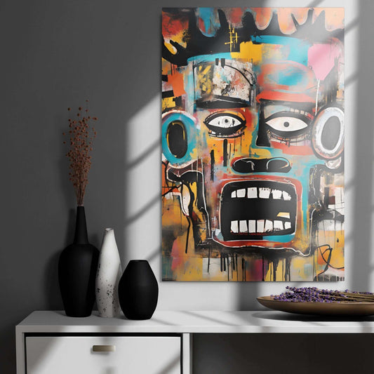 YB Goode Fuego metal print featuring vibrant abstract artwork with a striking face design.