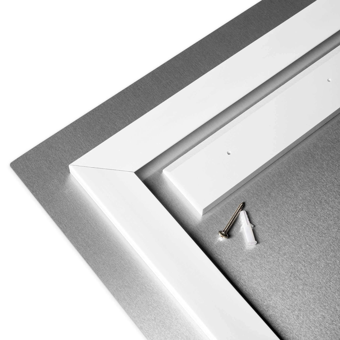 Detail of YB Goode Fuego metal print frame showing white edges and hanging hardware.