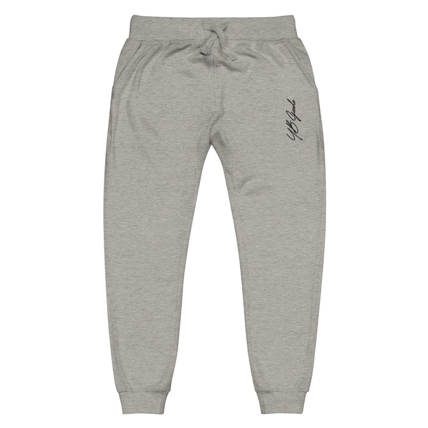 YB Goode embroidered signature sweatpants in gray, featuring a stylish logo and adjustable waist for comfort.