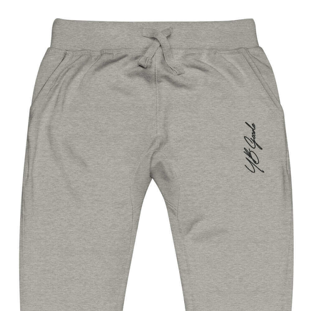 YB Goode embroidered signature sweatpants in gray, featuring a stylish logo on the side.