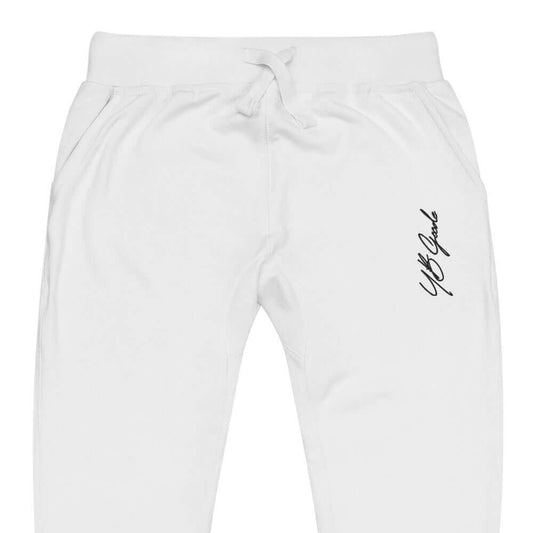YB Goode embroidered signature sweatpants in white, featuring a stylish design and comfortable fit.