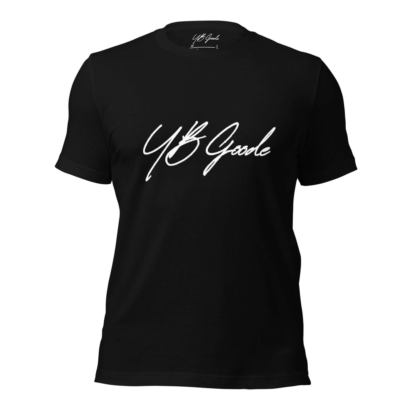 YB Goode Signature T-shirt in black, featuring stylish white logo, comfortable 100% cotton fabric.