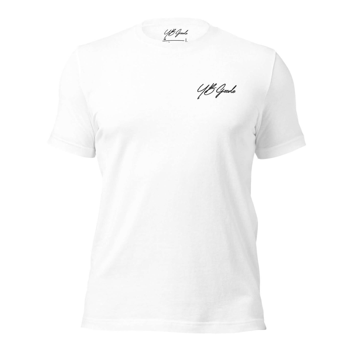 YB Goode Embroidered Signature T-shirt in white showcasing elegant logo design.