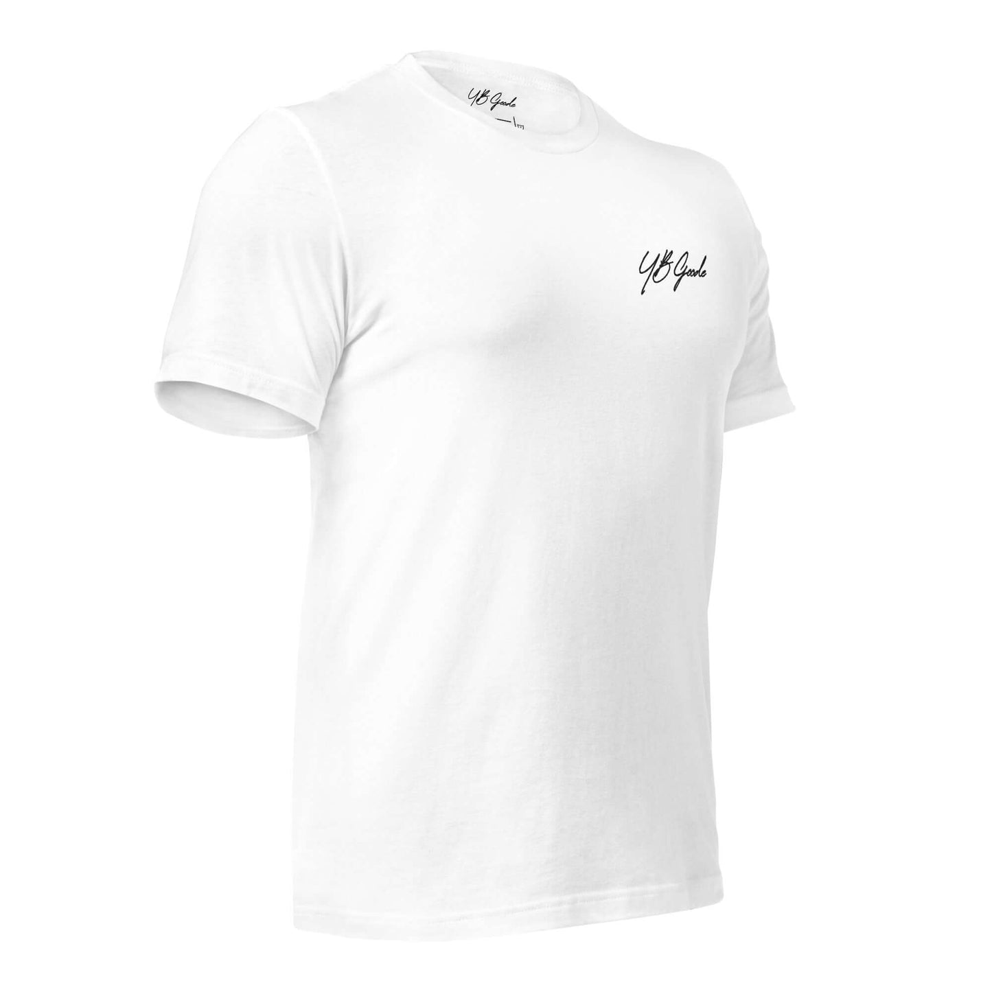 YB Goode embroidered signature T-shirt in white, showcasing stylish design and comfortable fit.