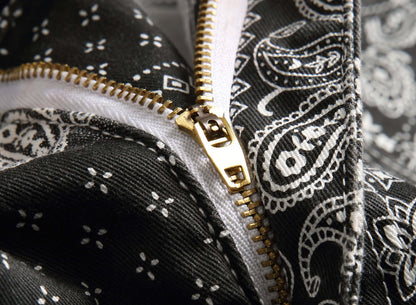 black and white paisley print men's jeans (zipper close-up)