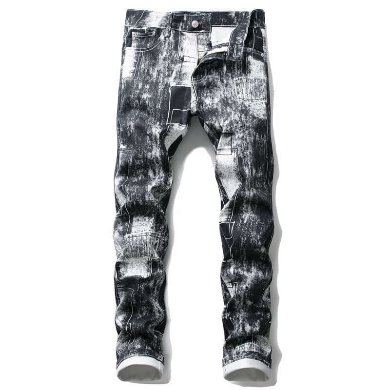 Black and white distressed men's jeans (front)